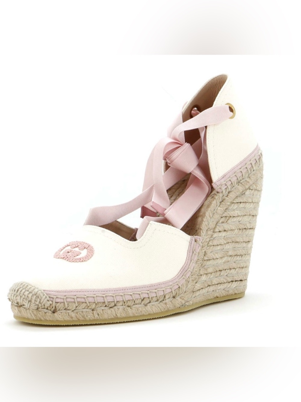 NEW NEVER USED Gucci Cream and Pink Canvas Espadrille Wedge with Ribbon Lace-Up